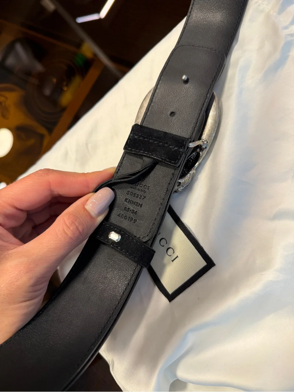 Gucci Black Suede & Gray GG Canvas Belt with Double Snake Buckle